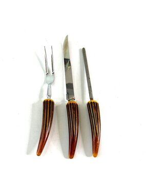 Vintage Lifetime Cutlery Meat Carving Set Fork Knife Faux Stag Horn Handle